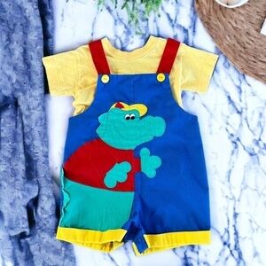 Vintage Toddler Size 3 Alligator Color Block Appliqué Overalls and T-Shirt